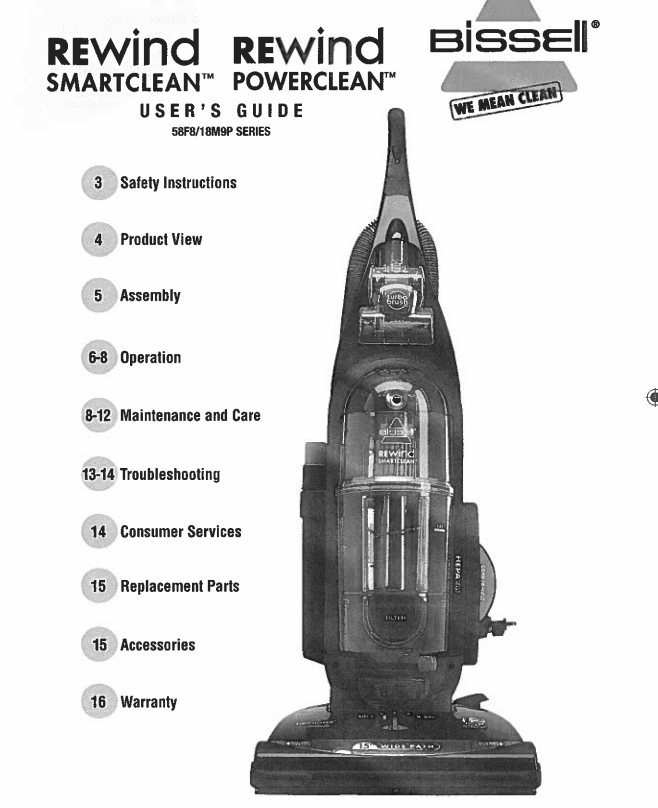 Bissell 58F8/ 18M9P Series Rewind Smart/ Power Cleaner User’s Guide