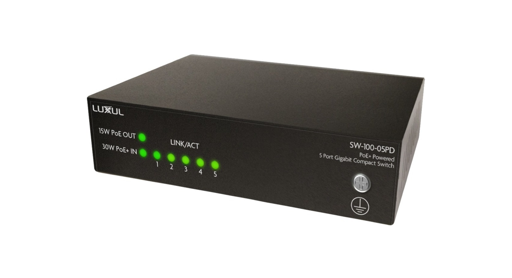 LUXUL SW-100-05PD PoE+ Powered 5 Port Gigabit Compact Switch Installation Guide